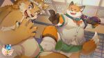  2023 anthro belly big_belly blush bulge canid canine canis clothing domestic_dog duo fox humanoid_hands iyo_(tamacolle) kemono kurotero male male/male mammal musashi_(tamacolle) official_art one_eye_closed overweight overweight_male tamacolle underwear wink 