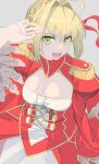  1girl absurdres ahoge anianiani0607 blonde_hair braid breasts cleavage commentary dress epaulettes fate/extra fate_(series) french_braid green_eyes hair_between_eyes hair_bun hair_intakes hair_ribbon hand_up highres large_breasts looking_at_viewer medium_breasts nero_claudius_(fate) nero_claudius_(fate/extra) open_mouth ribbon short_hair simple_background single_hair_bun sitting solo teeth upper_teeth_only 
