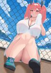  1girl :o absurdres ass azur_lane bare_shoulders beach black_panties blue_sky blush breasts bremerton_(azur_lane) bremerton_(scorching-hot_training)_(azur_lane) chain-link_fence cleavage cloud collarbone commentary crop_top crop_top_overhang day drying drying_body fence full_body green_footwear green_skirt grey_hair hair_between_eyes hair_intakes hair_ornament hand_up heart heart_necklace highres holding holding_towel jewelry knees_up large_breasts long_hair looking_at_viewer midriff mole mole_on_breast multicolored_hair necklace ocean official_alternate_costume outdoors panties pantyshot pink_eyes pink_hair rita_(utya4488) shadow shirt shoes sidelocks sitting skirt sky sleeveless sleeveless_shirt sneakers solo sportswear streaked_hair sweat tennis_uniform towel twintails two-tone_hair two-tone_shirt two-tone_skirt underwear white_shirt white_sleeves x_hair_ornament 