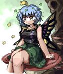  1girl alternate_breast_size antennae aqua_hair breasts bug butterfly butterfly_wings dress eternity_larva eye20806972 fairy green_dress hair_ornament highres leaf leaf_hair_ornament leaf_on_head multicolored_clothes short_hair short_sleeves sitting solo touhou wings yellow_eyes yellow_wings 
