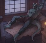  2023 abs bottomwear bulge candle claws clothing digital_drawing_(artwork) digital_media_(artwork) finger_claws hi_res horn inside male pants scalie shirtless solo tail toe_claws tres-art 