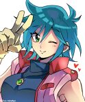  1girl ;) allenby_beardsley blue_bodysuit blue_hair bodysuit breasts commentary_request g_gundam gloves green_eyes gundam highres jacket jewelry looking_at_viewer medium_breasts necklace one_eye_closed shiratori_(jun_siratori) short_hair skin_tight smile solo v yellow_gloves 