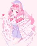  1girl absurdres animal_ear_fluff animal_ears artist_name blue_dress blue_headwear blunt_bangs braid cat_ears cat_tail dress frills hairband hand_up highres jikuno long_hair long_sleeves open_mouth original pink_background pink_eyes pink_hair simple_background solo tail wide_sleeves 