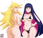  2girls :d absurdres ahoge ass bare_arms bare_shoulders bikini black_bikini black_choker blonde_hair blue_eyes blue_hair blunt_bangs breasts choker colored_inner_hair commentary cowboy_shot eyeshadow groin hands_on_own_hips highres large_breasts long_hair looking_at_viewer makeup multicolored_hair multiple_girls navel open_mouth panty_&amp;_stocking_with_garterbelt panty_(psg) pink_hair pink_lips sebasdono smile standing stocking_(psg) stomach swimsuit thighs very_long_hair 