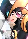  1boy android bass.exe_(mega_man) black_bodysuit black_headwear blue_gemstone blurry blurry_background blush bodysuit collarbone commentary_request gem helmet male_focus mega_man_(series) mega_man_battle_network_(series) open_mouth pechka red_eyes upper_body white_background 