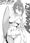  1girl abs amagiri_(kancolle) asava_(hutaitenn) bikini character_name cowboy_shot dated glasses greyscale highres holding holding_clothes kantai_collection leaning_forward monochrome o-ring o-ring_bikini o-ring_top one-hour_drawing_challenge sidelocks solo standing surfboard swimsuit twitter_username 