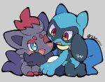 2023 220_vvv :d ambiguous_gender anthro barefoot big_ears big_head big_tail black_nose blue_body blue_ears blue_eyes blue_fur blue_tail blush canid canine chest_tuft cuddling detailed duo fangs feet feral fluffy fluffy_tail fur fur_hair generation_4_pokemon generation_5_pokemon grey_background grey_body grey_ears grey_fur grey_hair grey_nose grey_skin grey_tail hair happy head_tilt hi_res long_tail looking_down mammal multicolored_body multicolored_ears multicolored_fur nintendo nude nude_ambiguous nude_anthro nude_feral o_o on_ground one_eye_closed one_eye_half-closed pink_tongue pokemon pokemon_(species) red_body red_eyes red_fur red_hair riolu round_head shadow sharp_teeth signature simple_background sitting size_difference small_fangs small_nose smile spikes tail teeth tongue toony tuft two_tone_body two_tone_ears two_tone_fur wide_eyed zorua 