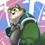  anthro belly blush canid canine canis domestic_dog eyebrows fur green_body green_fur lifewonders live_a_hero looking_at_viewer male mammal mokdai overweight solo thick_eyebrows tolsche 