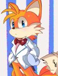  1boy artist_name blue_eyes bow bowtie closed_mouth cowboy_shot cub english_commentary formal furry furry_male gloves highres looking_at_viewer male_focus multiple_tails pillynaps red_bow red_bowtie simple_background solo sonic_(series) suit tail tails_(sonic) two_tails white_gloves 