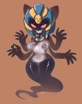  2023 4_arms anthro anthrofied black_body bodily_fluids breasts cofagrigus cum cum_inside female generation_5_pokemon genital_fluids genitals ghost grin hi_res looking_at_viewer multi_arm multi_limb nintendo nipples pokemon pokemon_(species) pokemorph pussy red_eyes sharp_teeth skye3337 smile solo spirit teeth translucent translucent_body 