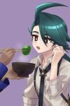  2girls 99_(tomato_on1000) ahoge black_necktie blush bowl bright_pupils buttons chopsticks collared_shirt dark-skinned_female dark_skin earrings feeding food geeta_(pokemon) green_hair hand_up highres holding holding_bowl holding_chopsticks jewelry long_hair multiple_girls necktie open_mouth pokemon pokemon_(game) pokemon_sv purple_background rika_(pokemon) shirt sleeves_rolled_up steam suspenders 