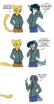  anthro bethesda_softworks bottomwear clothed clothing comic dialogue duo english_text felid female fish fur hi_res hood_up hoodie katia_managan khajiit kyle_r._fish male mammal marine open_mouth pants prequel_adventure raised_finger shark sharkcatsg simple_background smile tail text the_elder_scrolls topwear webcomic white_background yellow_body yellow_eyes yellow_fur 