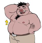  2023 anthro belly big_belly blush bottomwear clothing domestic_pig eyes_closed hi_res kemono male mammal moobs nipples overweight overweight_male pants simple_background solo suid suina sus_(pig) white_background whitebeast20 