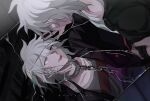  2boys :d artist_name bangs boleum_(dgrpluna) broken_mirror chain chained collar collarbone danganronpa_(series) danganronpa_2:_goodbye_despair danganronpa_another_episode:_ultra_despair_girls different_reflection dual_persona grey_hair grey_shirt hair_between_eyes highres komaeda_nagito male_focus medium_hair messy_hair metal_collar mirror multiple_boys red_shirt reflection shirt smile striped striped_shirt teeth upper_teeth_only 