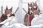  &gt;o&lt; 5girls =_= absurdres akagi-chan_(azur_lane) akagi_(azur_lane) amagi-chan_(azur_lane) amagi_(azur_lane) animal_ears azur_lane bell black_kimono blush brown_hair dual_wielding ears_down eyeshadow facing_viewer fighting flower fox_ears fox_girl fox_tail from_behind hair_bell hair_between_eyes hair_flower hair_ornament hand_on_own_head hands_up happy highres holding holding_sword holding_weapon indoors injury japanese_clothes kaga_(azur_lane) kimono kitsune long_hair looking_at_another makeup multiple_girls multiple_tails open_mouth orange_eyes outstretched_arms playing print_kimono purple_eyes red_eyes red_eyeshadow red_kimono samip smile surprised sword tail very_long_hair weapon white_hair white_kimono wide_sleeves 