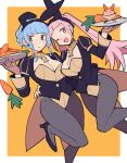  2girls adapted_costume animal_ears arm_around_waist black_eyes black_footwear blue_hair blunt_bangs breasts carrot cleavage do_m_kaeru fake_animal_ears feet_out_of_frame fire_emblem fire_emblem:_three_houses garreg_mach_monastery_uniform hilda_valentine_goneril holding holding_tray leotard leotard_under_clothes looking_at_viewer looking_to_the_side marianne_von_edmund medium_breasts multiple_girls one_eye_closed open_mouth pantyhose pink_eyes pink_hair playboy_bunny rabbit_ears smile standing standing_on_one_leg tray waistcoat 