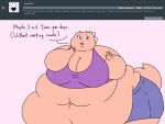  2018 4:3 5_fingers anthro ask_blog batspid2 belly big_belly big_breasts bottomwear breasts clothing crop_top cutoffs denim denim_clothing digital_drawing_(artwork) digital_media_(artwork) english_text exclamation eyebrows eyelashes female fingers flabby_arms flat_colors frill_(anatomy) head_crest head_frill juna_(batspid2) lizard membrane_(anatomy) membranous_frill morbidly_obese morbidly_obese_anthro morbidly_obese_female navel obese obese_anthro obese_female overweight overweight_anthro overweight_female pink_background purple_eyes reptile scalie shirt shorts simple_background solo tail text topwear wide_hips 