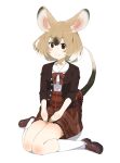  1girl absurdres animal_ears blush bow bowtie brown_eyes brown_footwear brown_hair brown_jacket casual collared_shirt frilled_socks frills gambian_rat_(kemono_friends) hair_between_eyes highres iwa_(iwafish) jacket kemono_friends kemono_friends_3 light_brown_hair loafers looking_at_viewer mouse_ears mouse_girl mouse_tail multicolored_hair official_alternate_costume open_clothes open_jacket plaid plaid_skirt red_bow red_bowtie red_skirt shirt shoes short_hair short_sleeves sidelocks sitting skirt smile socks solo tail wariza white_hair white_shirt white_socks 