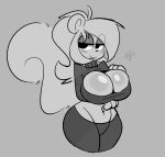  2022 absurd_res american_red_squirrel anthro big_breasts biped blush bottomwear breasts buxy clothed clothing digital_drawing_(artwork) digital_media_(artwork) female fluffy fluffy_tail fur greyscale hair hi_res izzy_(buxy) mammal monochrome pine_squirrel rodent sciurid simple_background smile solo standing tail topwear tree_squirrel 