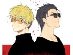  2boys black_eyes black_hair black_shirt blonde_hair closed_mouth collarbone earrings glasses hair_slicked_back jewelry looking_at_viewer male_focus meltdown0802 mole mole_under_eye multiple_boys orange-tinted_eyewear round_eyewear shirt short_hair single_earring smile sunglasses tinted_eyewear trigun trigun_stampede upper_body vash_the_stampede white_background 