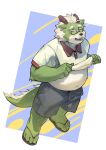  2023 9x8bit absurd_res anthro belly black_nose bottomwear clothing dragon eyewear glasses green_body hi_res kemono male navel overweight overweight_male shirt shorts solo topwear white_body 