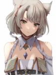  1girl animal_ear_fluff animal_ears bare_shoulders braid cat_ears chest_jewel closed_mouth detached_sleeves dress flat_chest green_eyes grey_hair highres looking_at_viewer mio_(xenoblade) oyasu_(kinakoyamamori) short_hair solo upper_body v-shaped_eyebrows white_dress xenoblade_chronicles_(series) xenoblade_chronicles_3 