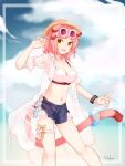  1girl :d absurdres animal_ears arknights bikini bikini_under_clothes blue_shorts breasts cat_ears cat_girl cat_tail cleavage cloud duku_(hus7788950) eyewear_on_head feet_out_of_frame floppy_ears food-themed_hair_ornament goldenglow_(arknights) goldenglow_(summer_flowers)_(arknights) hair_ornament hairclip hand_up highres jacket looking_at_viewer medium_breasts navel official_alternate_costume open_clothes open_jacket open_mouth pink-tinted_eyewear see-through see-through_jacket short_sleeves shorts signature smile solo stomach sunglasses swimsuit tail tail_ornament tail_ring tinted_eyewear v watermelon_hair_ornament white_bikini white_jacket yellow_eyes 