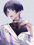  1boy black_shirt candy chocolate chocolate_bar food genshin_impact hair_between_eyes highres jacket male_focus open_mouth purple_eyes purple_hair scaramouche_(genshin_impact) shirt short_hair solo tongue tongue_out user_fzuz2338 white_jacket 