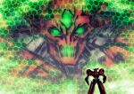  facial_mark forehead_mark getter-1 getter_robo glowing glowing_eyes glowing_mouth green_eyes honeycomb_(pattern) looking_at_viewer mecha monsterification no_humans parody robot science_fiction shinkawa_youji_(style) size_difference style_parody teoft 