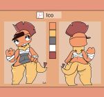  3_fingers baggy_pants bandage bandaged_arm bandaged_chest black_eyes clothing drawcat13 female fingers generation_5_pokemon hat headgear headwear hi_res ico_z_vengaband_(kyubeans) nintendo orange_body pokemon pokemon_(species) red_crest reptile scalie scrafty solo visor_cap wide_hips yellow_clothing 