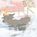  1:1 anthro bathing bovid bovine breasts butt canid canine canis caprine domestic_dog ekaki510 female goat group hot_spring kemono mammal nude towel towel_on_head true_buffalo water water_buffalo 