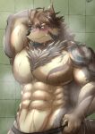  absurd_res anthro armpit_hair bathing blue_hair blush body_hair brown_body brown_fur brown_hair canid canine canis chest_hair clothing facial_hair fur goatee grey_body grey_fur hair hi_res jockstrap lifewonders male mammal muscular muscular_arms muscular_male navel pecs raised_arm shower showering sideburns solo tattoo temujin tokyo_afterschool_summoners toranoyouhei underwear wolf 