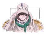  1boy adjusting_clothes adjusting_headwear baseball_cap cropped_torso epaulettes glasses hat headband koby_(one_piece) light_smile male_focus marine_uniform_(one_piece) mocchi_(mkz) one_piece pink_hair round_eyewear sanpaku short_hair sideways_glance solo 