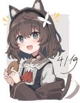  1girl :d animal_ears black_hairband black_vest brown_coat brown_hair cat_ears cat_girl cat_tail coat dated doughnut food grey_eyes hairband highres kurioshi_fio long_sleeves looking_at_viewer off_shoulder open_clothes open_coat open_mouth original satou_(3366_s) shirt short_hair smile tail vest white_shirt 