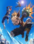  3boys alternate_eye_color arm_up baggy_pants bakugou_katsuki belt_pouch billboard black_pants blonde_hair blue_eyes blue_sky blurry blurry_background bodysuit boku_no_hero_academia boots burn_scar cameo chromatic_aberration city closed_mouth cloud colored_shoe_soles combat_boots commentary day explosion explosive eye_mask floating_hair flying freckles from_below frontbend frown full_body gloves green_bodysuit green_gloves green_hair grenade grey_eyes hair_between_eyes hands_up heterochromia high_collar highres ice jumping knee_boots leaning_forward lens_flare light looking_ahead male_focus midoriya_izuku multicolored_hair multiple_boys nezu_(boku_no_hero_academia) no_pupils open_mouth outdoors outstretched_legs pants pose_request pouch red_eyes red_hair sanpaku scar shoe_soles short_hair single_horizontal_stripe sky sleeves_past_elbows smile snap-fit_buckle spiked_hair split-color_hair sun sunlight todoroki_shouto two-tone_hair v-shaped_eyebrows vambraces water_tank white_footwear white_gloves white_hair x zinnkousai3850 