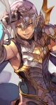  1boy armor armpit_peek gauntlets granblue_fantasy grey_hair grimnir hair_between_eyes hand_on_own_head heterochromia highres hungry_clicker looking_at_viewer lower_teeth_only male_focus open_mouth pointy_ears smile solo teeth 