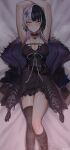  1girl arm_up armpits asymmetrical_legwear belt belt_pouch black_belt black_choker black_coat black_dress black_hair black_socks black_thighhighs breasts choker cleavage coat dress fishnet_socks fishnets fur-trimmed_coat fur_trim hair_ornament highres hololive hololive_english kneehighs kotodekun lace lace_choker large_breasts layered_dress long_hair looking_at_viewer lying mismatched_legwear multicolored_hair pouch shiori_novella short_dress single_kneehigh single_sock single_thighhigh sleeveless sleeveless_dress smile socks split-color_hair striped striped_thighhighs thighhighs thighs two-tone_hair uneven_legwear virtual_youtuber white_hair yellow_eyes 