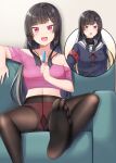  1girl :d armband black_hair black_shirt blush breasts commentary_request couch crop_top fine_fabric_emphasis food gurande_(g-size) gusset hair_ornament hairclip hand_on_own_hip high-waist_pantyhose highres long_hair looking_at_viewer midriff multiple_views narumiya_tsukasa navel neck_ribbon no_shoes off-shoulder_shirt off_shoulder on_couch open_mouth original panties panties_under_pantyhose pantyhose pink_panties pink_shirt popsicle red_eyes red_ribbon ribbon sailor_collar school_uniform serafuku shirt short_sleeves sitting small_breasts smile soles teeth textless_version thighband_pantyhose underwear upper_teeth_only v-shaped_eyebrows very_long_hair white_sailor_collar 