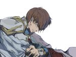  1boy armor breastplate brown_eyes brown_hair clenched_teeth commentary_request crying crying_with_eyes_open fire_emblem fire_emblem:_genealogy_of_the_holy_war ka_kutei leif_(fire_emblem) male_focus pauldrons short_hair shoulder_armor simple_background sketch solo tears teeth upper_body white_background 