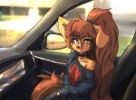  2023 anthro apogee breasts canid canine canis car choker clothed clothing digital_media_(artwork) domestic_dog female female_anthro floppy_ears fur hair hi_res inside_car jewelry kemono long_hair looking_at_viewer mammal necklace off_shoulder piercing ponytail sitting small_breasts solo spitz tattoo tinygaypirate vehicle 