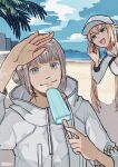 1058hoshi 1boy 1girl artoria_caster_(fate) artoria_caster_(swimsuit)_(fate) artoria_pendragon_(fate) beach blonde_hair blue_eyes blue_sky closed_mouth coat drawstring fate/grand_order fate_(series) food grey_hair hair_bun holding holding_food holding_popsicle jacket long_sleeves nostrils oberon_(fate) ocean open_mouth palm_tree popsicle sky smile solo_focus summer tree twintails water white_coat white_jacket 