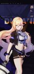  1girl bare_legs belly bianka_durandal_ataegina bianka_durandal_ataegina_(bright_knight:_excelsis) black_jacket black_shorts blonde_hair character_name hand_on_own_hip highres holding holding_polearm holding_weapon honkai_(series) honkai_impact_3rd jacket lance long_hair multicolored_hair navel official_art official_wallpaper polearm shorts smile solo standing streaked_hair very_long_hair weapon 