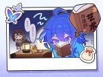 ahoge blue_hair book brown_hair bug butterfly candy chibi chinese_commentary chinese_text food full_body holding holding_book honkai:_star_rail honkai_(series) lamp long_hair looking_at_object musical_note o_o official_art open_book reading ribbon seele_(honkai:_star_rail) solo_focus speech_bubble standing table thinking upper_body v-shaped_eyebrows 