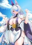  1girl absurdres animal_ears asymmetrical_bangs azur_lane blue_sky breast_curtains breasts butterfly_over_eye chinese_commentary colored_inner_hair commentary_request curvy ear_covers fangs grey_hair hair_over_one_eye hands_up highres huge_breasts jacket jacket_on_shoulders japanese_clothes kimono large_breasts long_hair looking_at_viewer minuo_songshu multicolored_hair obi off_shoulder open_mouth purple_eyes purple_hair rabbit_ears sakuramon sash side_slit single_ear_cover skindentation sky solo streaked_hair thick_thighs thigh_strap thighs underbust unzen_(azur_lane) very_long_hair w_arms white_jacket white_kimono wide_sleeves 