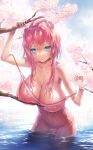  1girl bare_shoulders blue_eyes blue_sky blush branch breasts cherry_blossoms cleavage collarbone commentary_request day dress falling_petals flower hair_between_eyes highres hisasi huge_breasts long_hair looking_at_viewer nipples original outdoors parted_lips partially_submerged petals petals_on_liquid pink_flower pink_hair ripples see-through sky solo strap_slip tree wading water wet wet_clothes 