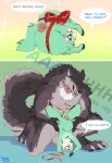  absurd_res anthro anthro_on_anthro anthro_penetrated anthro_penetrating anthro_penetrating_anthro anus balls canid duo english_text erection eyes_closed famir_(artist) fangs fur genitals glistening glistening_eyes green_balls green_body green_fur green_perineum grey_body grey_fur grin hi_res humanoid_genitalia humanoid_penis lying male male/male male_penetrated male_penetrating male_penetrating_male mammal nude on_side penetration penis perineum presenting presenting_anus red_eyes red_penis ribbons sex size_difference smile species_request speech_bubble teeth text 