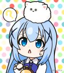  1girl ? angora_rabbit animal animal_on_head blue_bow blue_eyes blue_hair blue_vest blush bow chibi collared_shirt commentary gochuumon_wa_usagi_desu_ka? hair_between_eyes hair_ornament kafuu_chino long_hair mitya multicolored_polka_dots on_head open_mouth parted_lips polka_dot polka_dot_background rabbit rabbit_house_uniform sacabambaspis shirt simple_background spoken_question_mark symbol-only_commentary tippy_(gochiusa) triangle_mouth twitter_username uniform vest waitress white_background white_shirt x_hair_ornament 