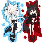  2girls absurdres ahoge animal_ear_fluff animal_ears bare_shoulders black_footwear black_hair black_shorts black_thighhighs boots braid closed_eyes commentary_request dark_persona detached_sleeves dual_persona ear_piercing facing_viewer fox_ears fox_girl fox_tail full_body hair_between_eyes highres hiyashinssu hololive internet_yamero kurokami_fubuki long_hair long_sleeves midriff multiple_girls open_mouth pentagram piercing red_eyes shirakami_fubuki shirakami_fubuki_(1st_costume) shirt short_shorts shorts single_thighhigh smile standing star_(symbol) tail thigh_strap thighhighs virtual_youtuber white_hair 