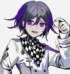  1boy :d black_hair buttons checkered_clothes checkered_scarf danganronpa_(series) danganronpa_v3:_killing_harmony double-breasted flipped_hair hair_between_eyes hand_up highres huyuharu0214 jacket long_sleeves male_focus multicolored_hair oma_kokichi open_mouth purple_eyes purple_hair scarf short_hair simple_background smile solo two-tone_hair white_background white_jacket 