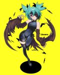  1girl absurdres aqua_hair asymmetrical_clothes bodysuit character_name claws collarbone commission crotch_zipper eyepatch feathered_wings full_body harpy highres indie_virtual_youtuber lincoro looking_at_viewer monster_girl pixiv_commission red_eyes ryuu_tou short_twintails single_pantsleg single_thighhigh skin_tight sleeveless solo thighhighs twintails winged_arms wings yellow_background zipper 